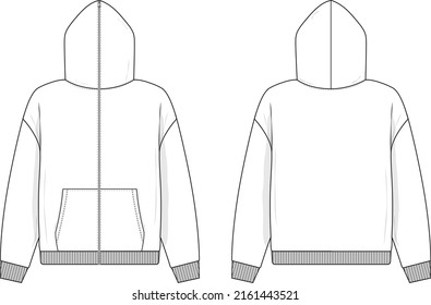Full zip hoodie sweatshirt flat technical drawing illustration mock-up template for design and tech packs men or unisex fashion CAD streetwear.