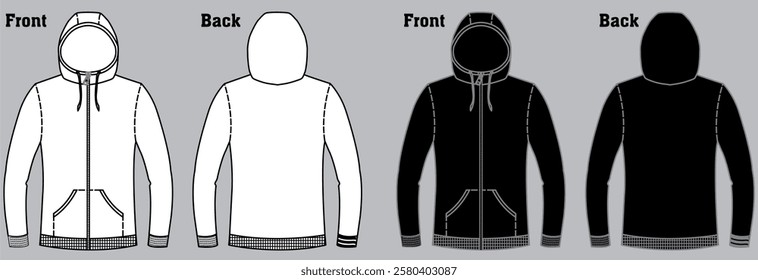 Full zip hoodie sweatshirt flat technical drawing illustration mock-up template for design and tech packs men or unisex fashion CAD street wear