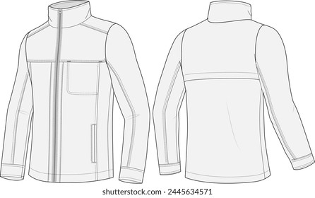 Full zip shirt jacket front and back view technical fashion illustration design template on transparent background.