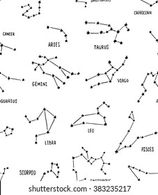 Full zodiac constellation signs seamless pattern made of stars and lines