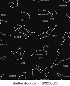 Full zodiac constellation signs seamless pattern made of stars and lines