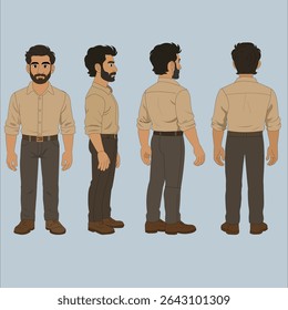A full-body 2D character design of a man showing a complete turnaround view. The image includes front, side (profile), and back poses, ideal for animation, character development, storyboarding .