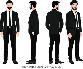 A full-body avatar of a young businessman in a formal black suit, illustrated from multiple angles for use in animation or branding. modern male character in corporate attire.