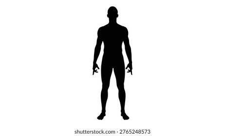 A full-body black silhouette of a man is presented on a clean white backdrop, highlighting the human form.