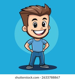 Desenho de corpo inteiro de um homem com cabelo castanho, vestindo uma camisa azul e jeans, mãos em quadris, sorrindo amplamente, de frente.
