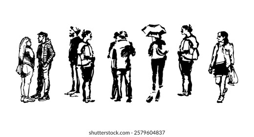 Full-body characters in motion, interacting with each other. Hand-drawn sketch of people silhouettes. Black and white doodle vector illustration.