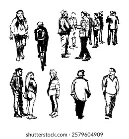 Full-body characters in motion, interacting with each other. Hand-drawn sketch of groups of people.