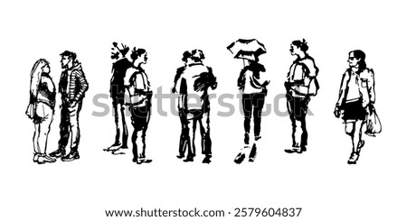 Full-body characters in motion, interacting with each other. Hand-drawn sketch of people silhouettes. Black and white doodle vector illustration.