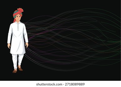 Ilustración vectorial EPS de cuerpo completo de un hombre indio con atuendo étnico tradicional, kurta blanca con turbante cultural rojo (pagdi) y calzado tradicional formal, en proporciones humanas naturales. Creado con un estilo de Vector mínimo limpio, sombreado sutil y una resolución escalable lista para usar para uso cultural, de estilo de vida, regional, de moda y de diseño editorial.