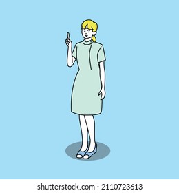 A full-body figure of a woman in a white coat with a smile that explains by pointing her finger