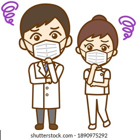 Full-body front-facing illustrations of a dissatisfied doctor's man and a dissatisfied nurse's woman wearing a mask