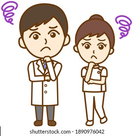 Full-body front-facing illustrations of a dissatisfied doctor's man and a dissatisfied nurse's woman