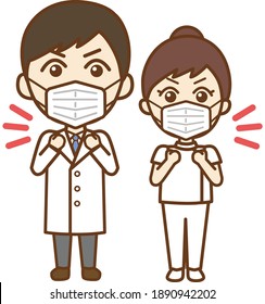 Full-body front-facing illustrations of a motivated doctor's man and a motivated nurse's woman wearing a mask