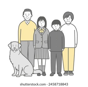 Full-body illustration 1 of a family of five with parents, students, and a dog