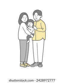 Full-body illustration 1 of a young family of three with one small child