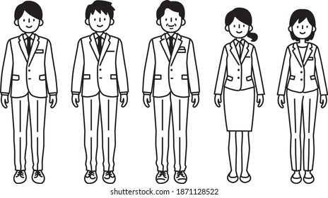 
Full-body illustration of 5 men and women in suits