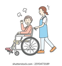Full-body illustration of an angry elderly woman sitting in a wheelchair and a female caregiver providing assistance