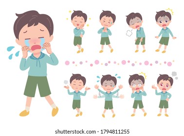A full-body illustration of a boy expressing various emotions.Vector art so easy to edit.