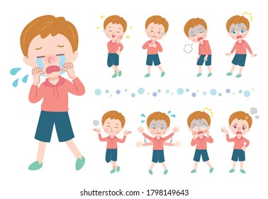 A full-body illustration of a boy expressing various emotions.Vector art so easy to edit.