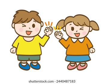 Full-body illustration of a boy and girl giving an OK sign and winking _ Lower elementary school students _ Toddlers