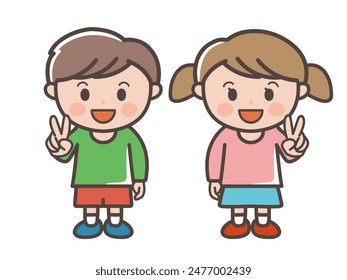 Full-body illustration of a boy and girl smiling and making a peace sign (elementary school students, toddlers, children)