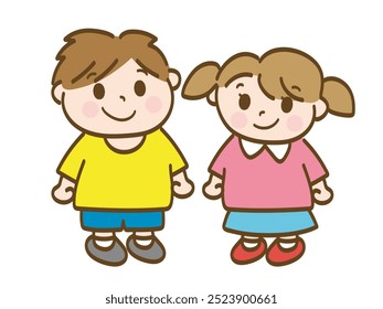 Full-body illustration of a boy and a girl smiling at each other (elementary school students, preschoolers)