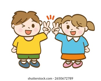 Full-body illustration of a boy and girl smiling happily and making peace signs
