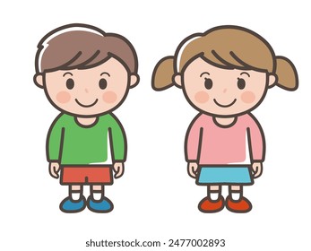 Full-body illustration of a boy and girl standing facing forward with a smile (elementary school students, toddlers, children)