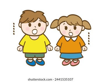 Full-body illustration of a boy and girl who are stunned and unable to speak _ lower grades of elementary school students _ toddlers