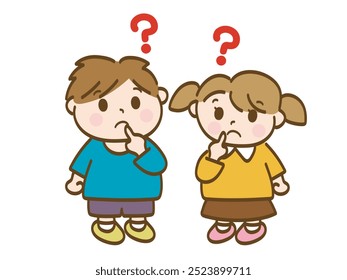Full-body illustration of a boy and a girl wondering why (early elementary school students, toddlers)