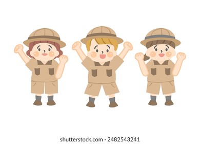 Full-body illustration of children in explorer clothes making a fist pump.