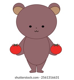 Full-body illustration of a cute bear holding a tomato