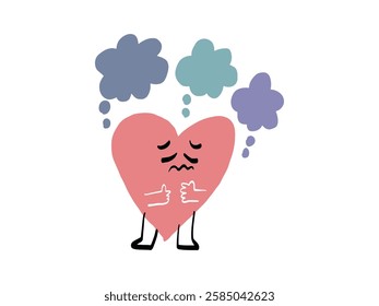 Full-body illustration of a cute heart-shaped character who worries about negative things