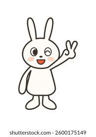 A full-body illustration of a cute rabbit smiling and making a peace sign