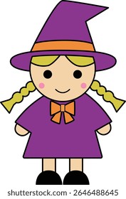 A full-body illustration of a cute witch character with a pointed hat and braids.