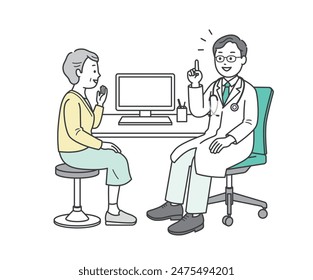 Full-body illustration of a doctor talking to an elderly woman undergoing a medical examination at a hospital