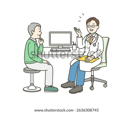 Full-body illustration of a doctor talking to an elderly man undergoing a medical examination at a hospital