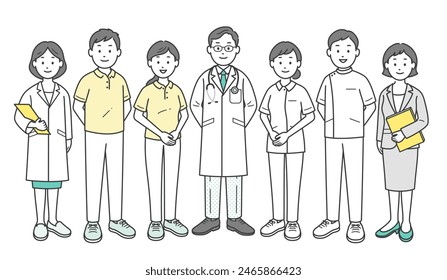 A full-body illustration of doctors, nurses, caregivers, and care managers who support local social welfare.