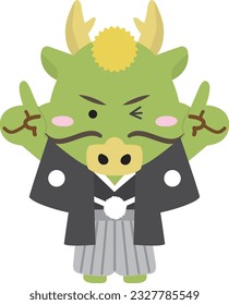 Full-body illustration of a dragon in a cheerful kimono that raises the index fingers of both hands and winks