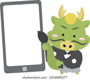 Full-body illustration of a dragon in a kimono pointing at a large smartphone screen