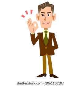 Full-body illustration of an elderly businessman showing an OK hand sign