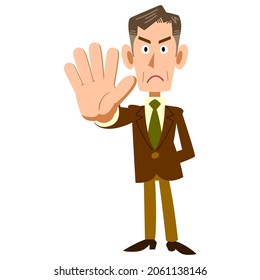 Full-body illustration of an elderly businessman who controls with the palm of his hand