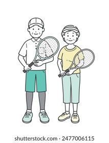 Full-body illustration of an elderly couple enjoying their hobby of tennis