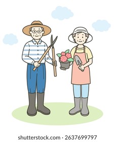 Full-body illustration of an elderly couple enjoying gardening