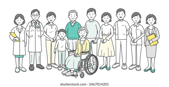 Full-body illustration of an elderly couple, family, doctor, nurse, caregiver, and care manager nutritionist