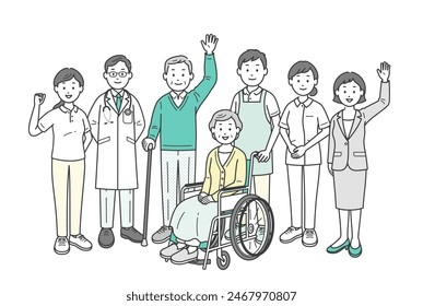 A full-body illustration of an elderly couple, family, doctor, nurse, caregiver and care manager gathering and waving