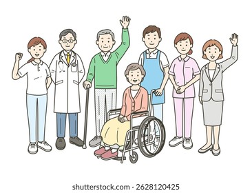A full-body illustration of an elderly couple, family, doctor, nurse, caregiver and care manager gathering and waving