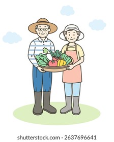 Full-body illustration of an elderly couple holding vegetables harvested in their home garden