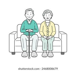 Full-body illustration of an elderly couple sitting side by side on a sofa