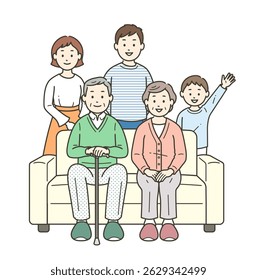 Full-body illustration of an elderly couple sitting on a sofa and their families